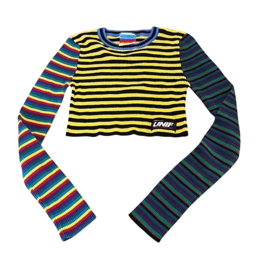 UNIF Cropped Long Sleeve Top Womens S/M Multicolor Striped Rainbow Ribbed